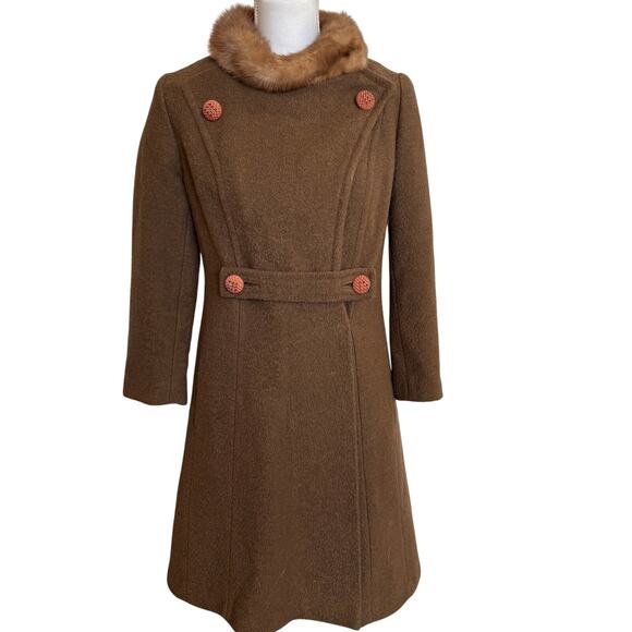 Vintage Wool Blend Swing Coat Fur Collar Brown Orange Lined No Size Wrap 50s 60s - Picture 1 of 12